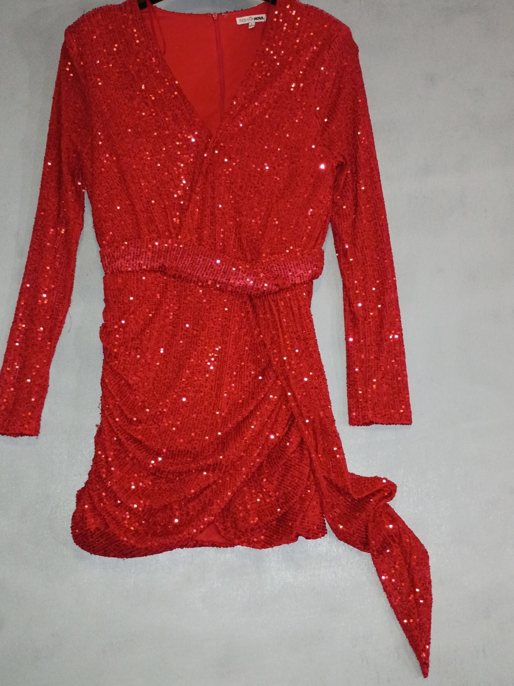 Fashion Nova Red Sequin V-Neck Long Sleeve Mini Dress